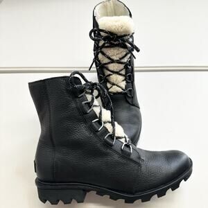 Sorel Winter Boots Womens 10 Phoenix Black Leather Faux Fur Lace Up NL3415-010